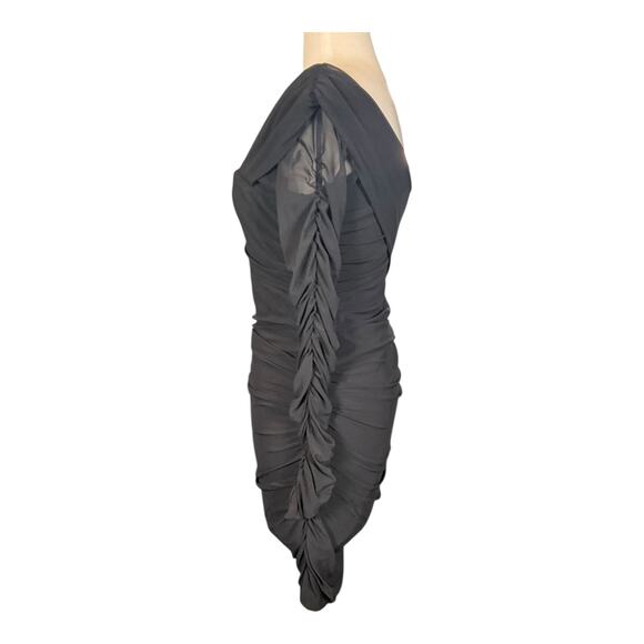 Stella Luce Bodycon Black Ruched Off the Shoulder Mini Dress Sheer Sleeves Large - Picture 3 of 11